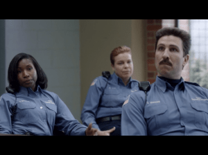 Lolita Foster, Catherine Curtin, and Pablo Schreiber as CO Maxwell, CO Wanda Bell, and CO George ( Pornstache) Mendez ( Screen: Netflix)